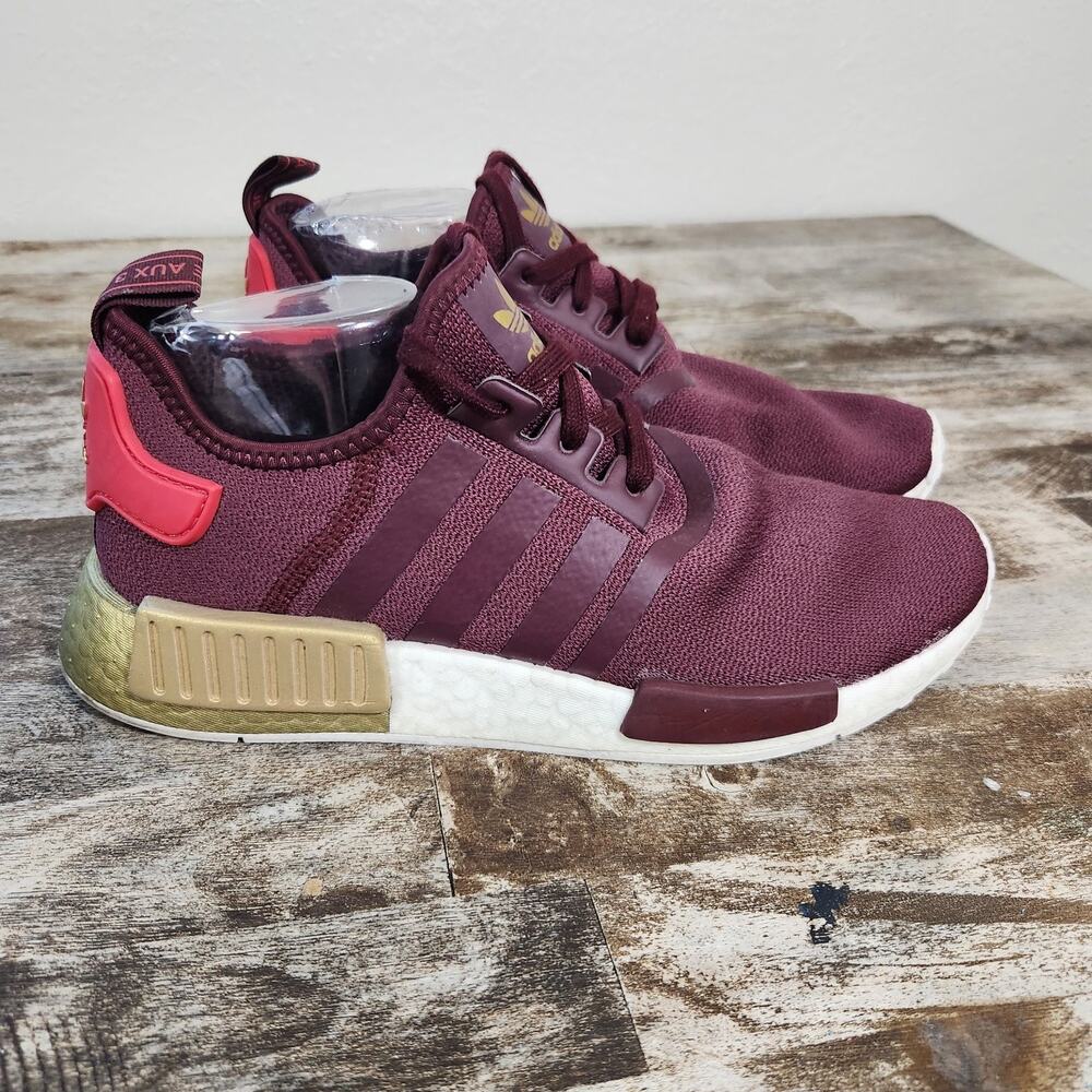 Adidas NMD R1 Womens 9 Burgundy Maroon Gold Boost Running Sneakers Athletic Shoe